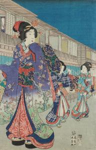 Tryptyk - Wieczorne spotkanie w dzielnicy rozkoszy, Japonia, okres Edo, poł. XIX w.