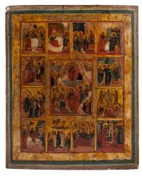 Ikona - Zmartwychwstanie Chrystusa i dwanaście wielkich świąt cerkiewnych, Rosja, XIX w.