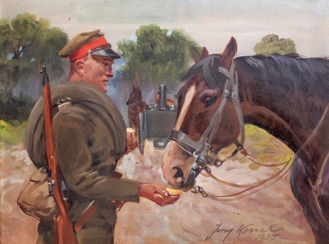 Jerzy Kossak | Ułan karmiący konia