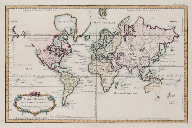 Jacques-Nicolas Bellin | Carte Réduite du Globe Terrestre l' Echelle de Lieues pour mesurer…