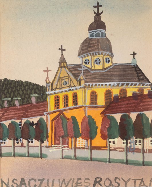 Nikifor Krynicki | Kościół przy drodze z drzewami