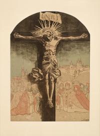 Chrystus na krzyżu w adoracji świętych i królów polskich na tle kościoła Mariackiego i Wawelu