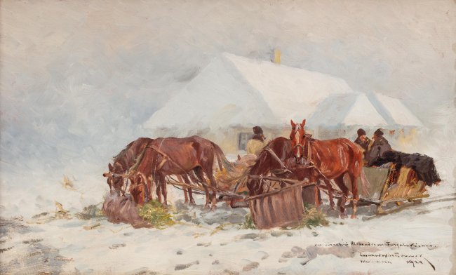 Leonard Winterowski | Zimowy postój przed chatą, 1924 r.